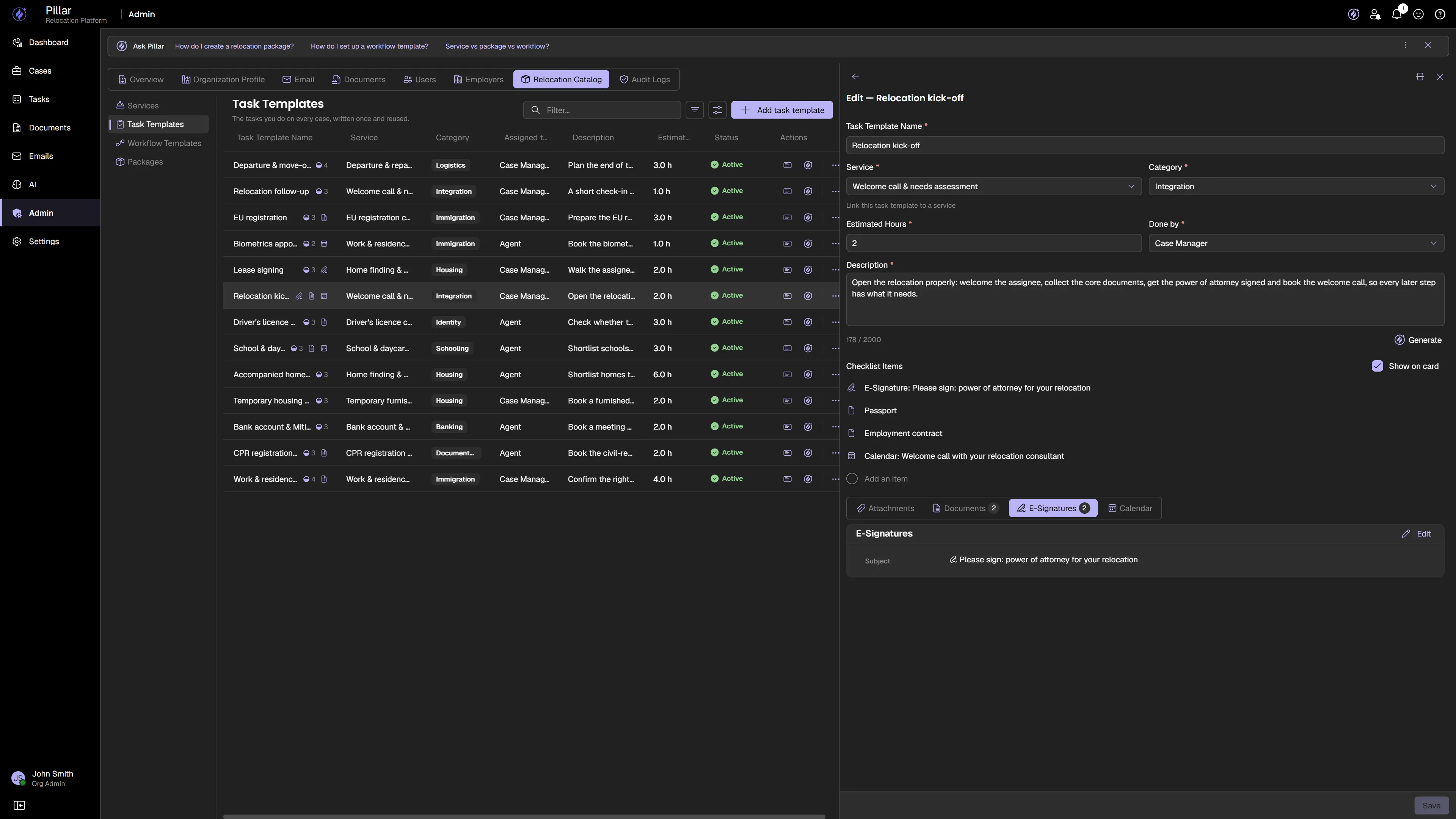 A PILLAR task template being edited — attachments, document requests, e-signatures and calendar bookings all held on a single relocation step