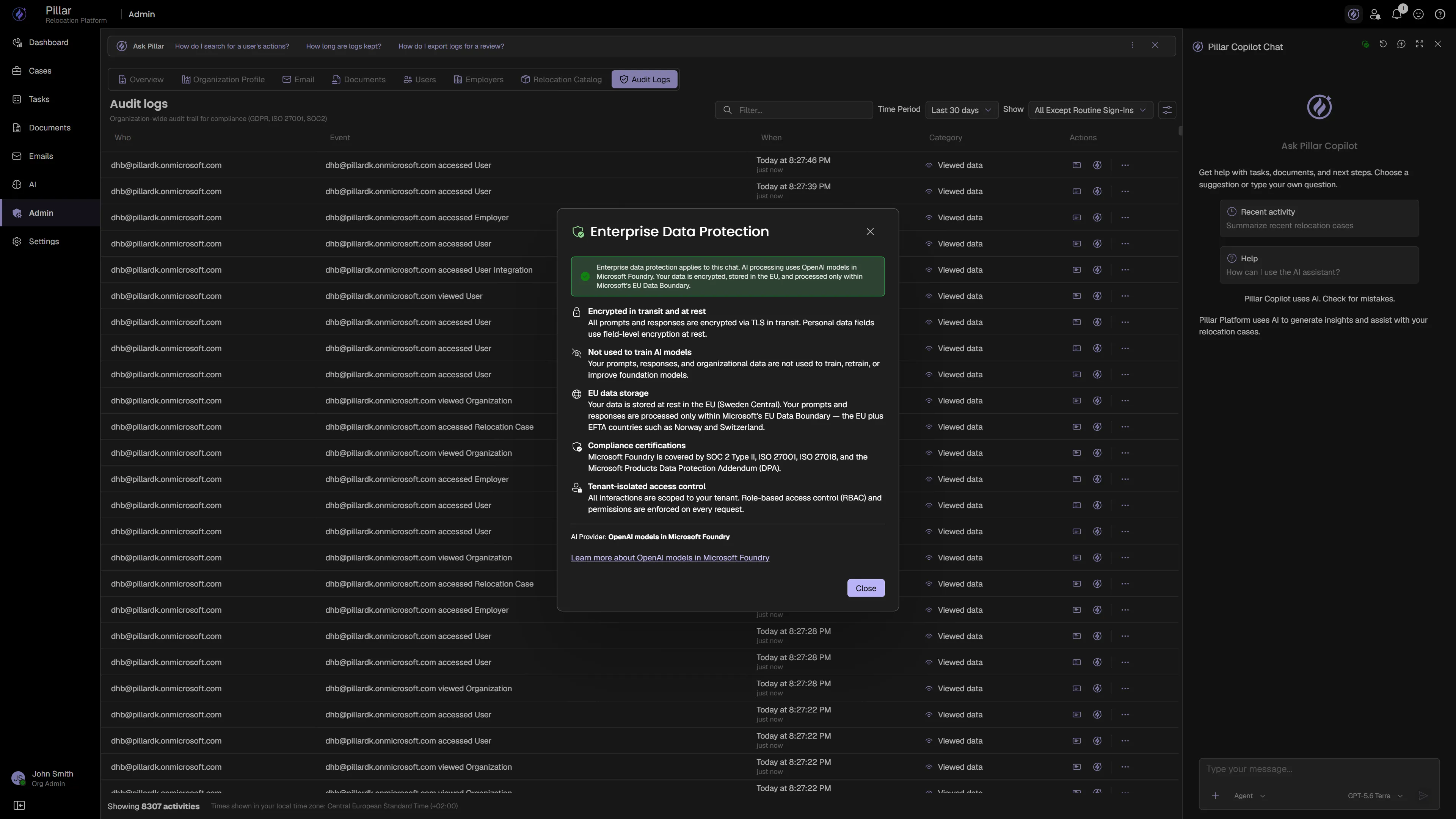 PILLAR audit log of organisation-wide activity, with the Copilot's enterprise data protection panel detailing encryption, EU data residency and tenant isolation.
