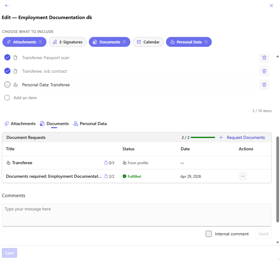 PILLAR document requests — tracking which documents have been uploaded and which are still pending