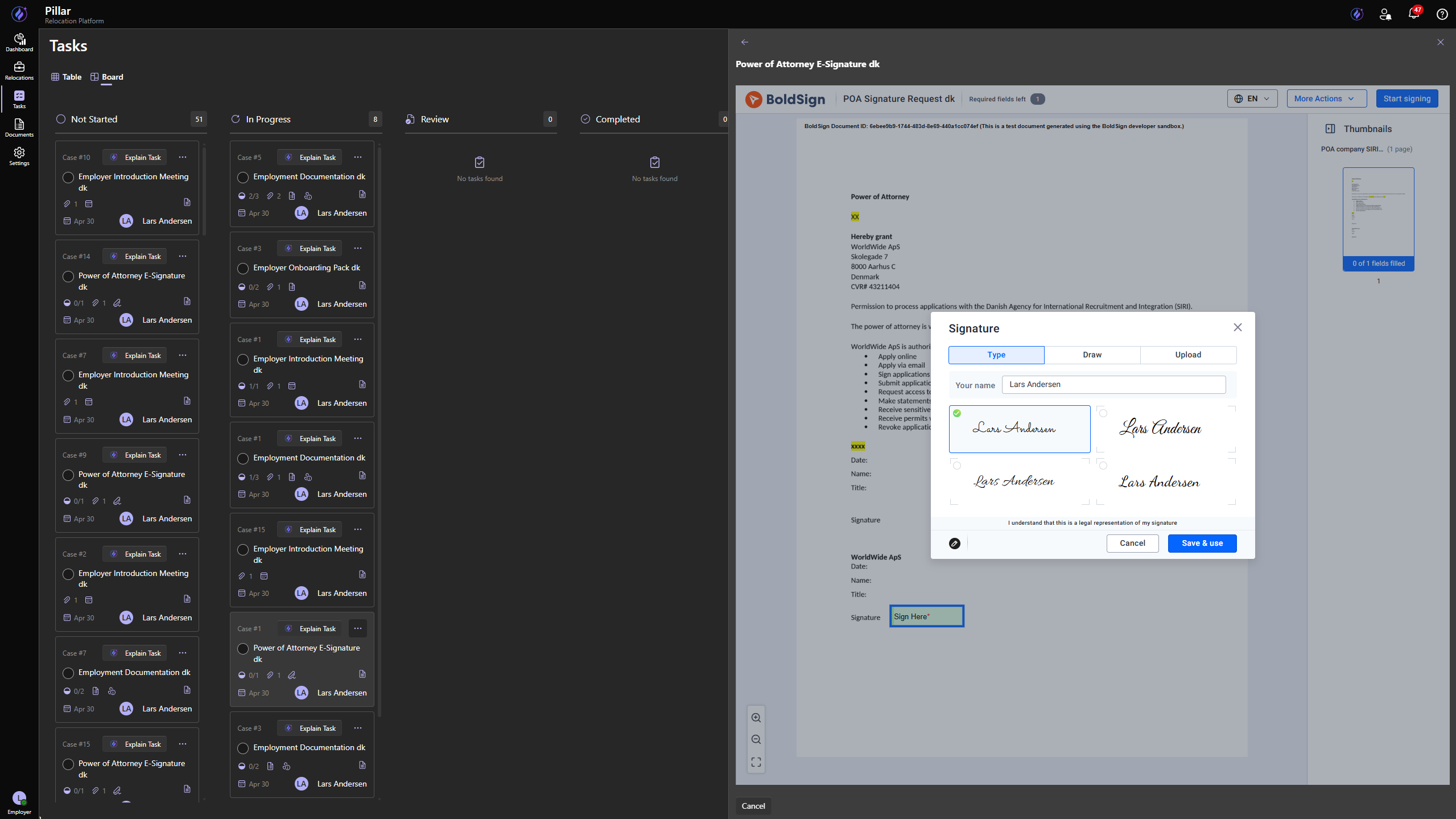 PILLAR e-signatures — sending and tracking signature requests within a relocation case