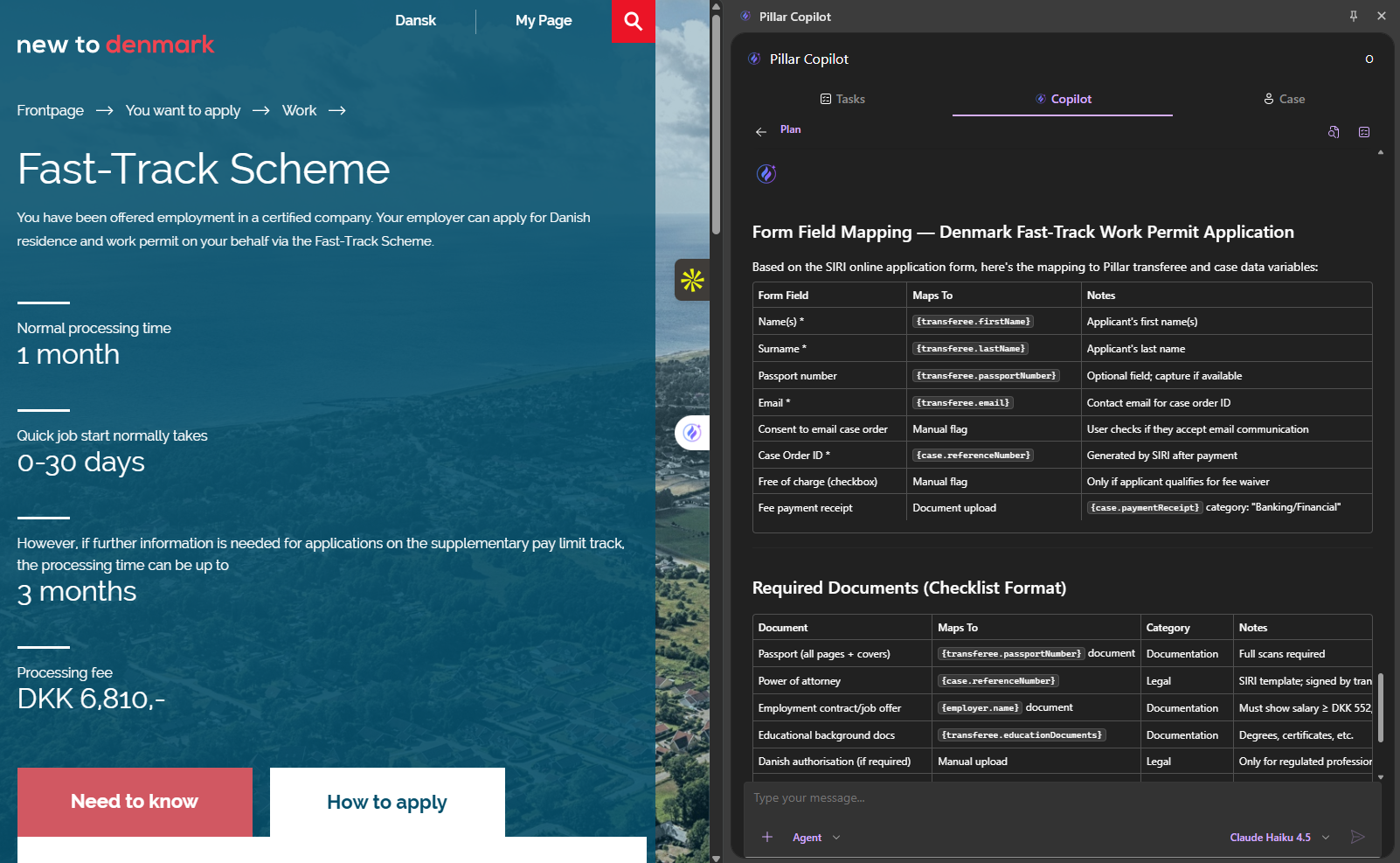 PILLAR Copilot Plan mode showing structured relocation plan with step-by-step execution