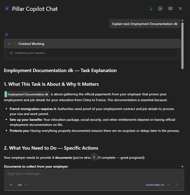 PILLAR Copilot answering a transferee question with structured task and timeline data